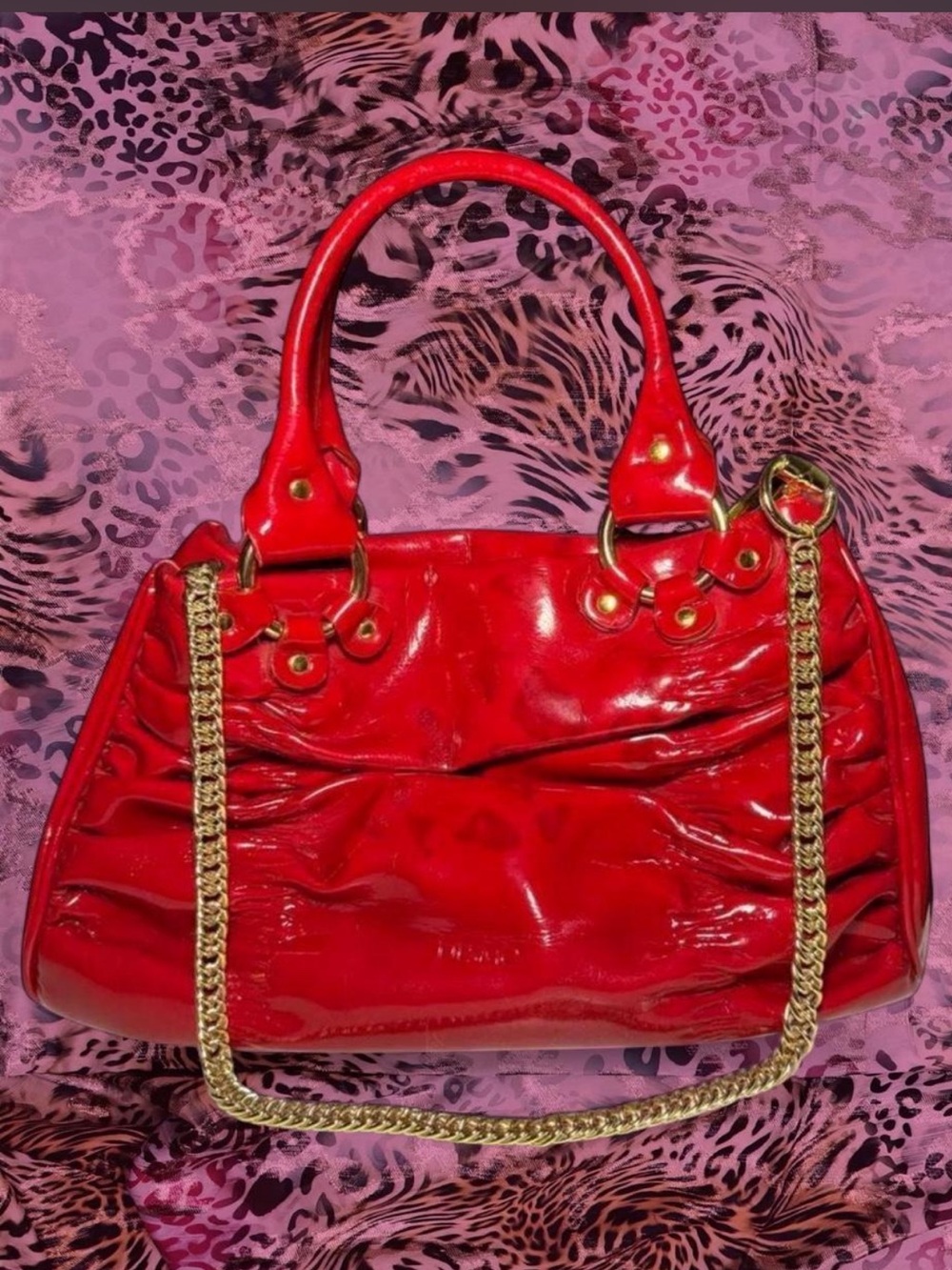 Red Patent Ruched Shoulder Bag with Gold Chain Strap